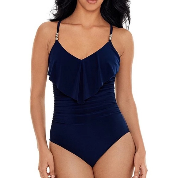 Magicsuit Blue Isabel Solid Ruffle V-Neck Underwire Shaping OnePiece Swimsuit